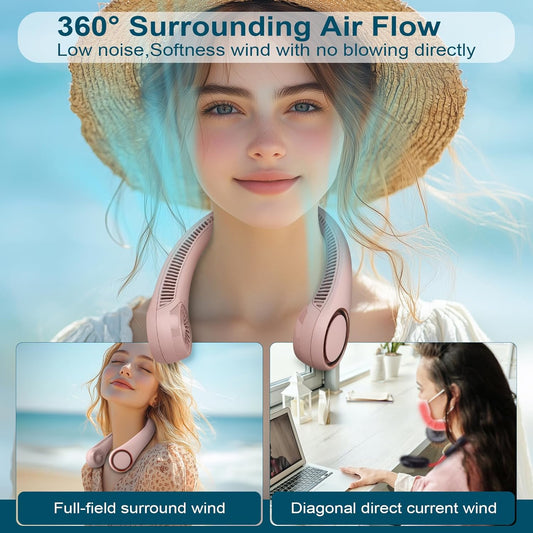 Neck Fan: Portable Personal Neck Cooling Rechargeable Bladeless Fan - Hands Free 3 Speed 4000 Mah Battery USB Operated Wearable Headphone Design - for Men Women Outdoor Indoor (Pink)