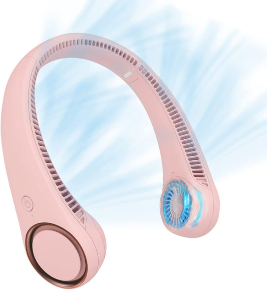 Neck Fan: Portable Personal Neck Cooling Rechargeable Bladeless Fan - Hands Free 3 Speed 4000 Mah Battery USB Operated Wearable Headphone Design - for Men Women Outdoor Indoor (Pink)