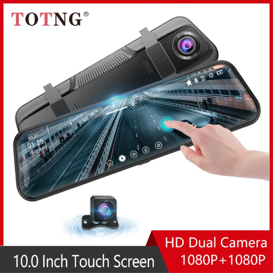10-Inch Touchscreen Rearview Mirror Dash Cam – Front and Rear Video Recorder with Night Vision, Backup Camera & Loop Recording