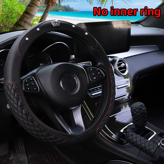 3-Piece Pu Leather Embroidered Crown Diamond Car without Inner Ring Steering Wheel Cover Handbrake Cover Handle Cover